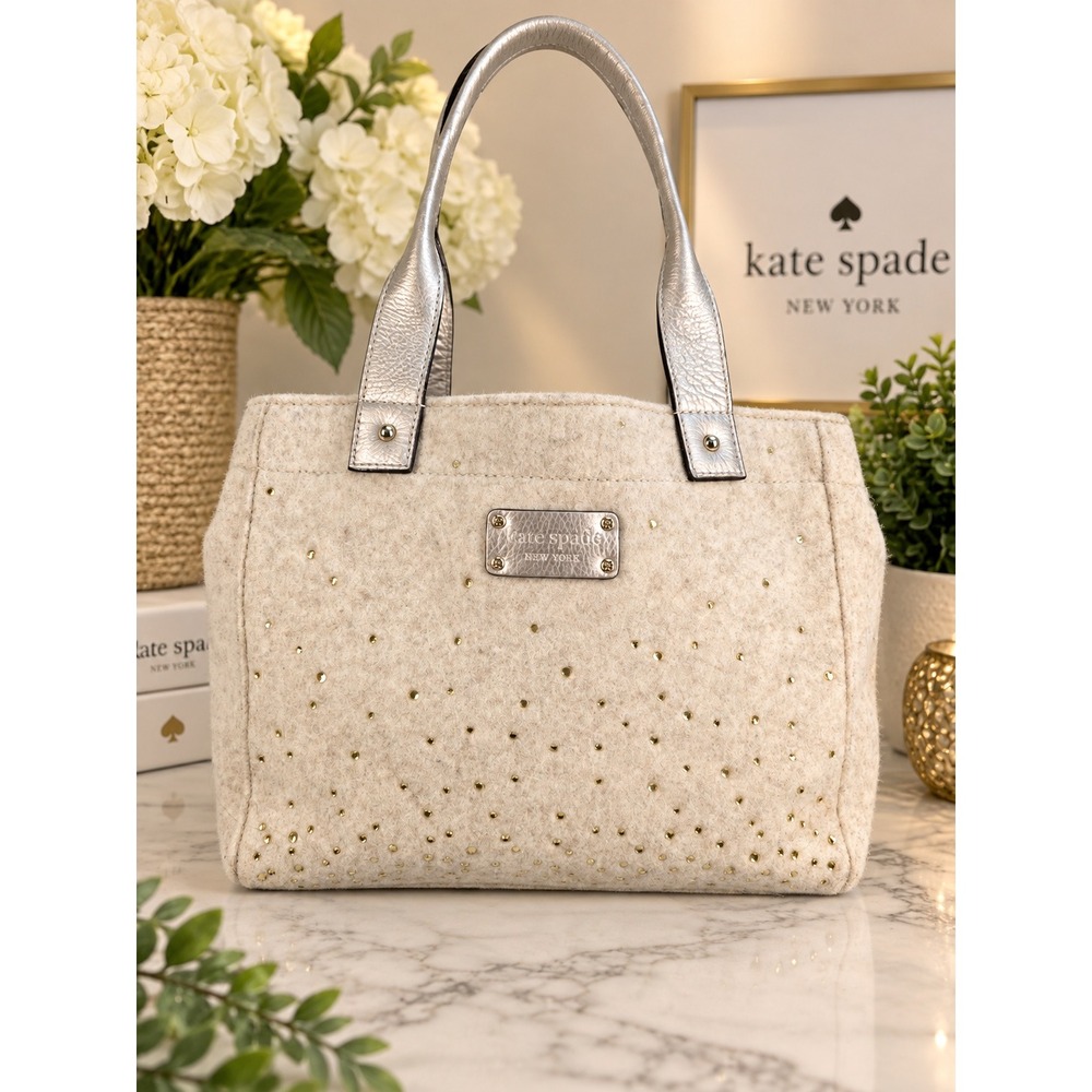 Kate Spade Wool Felt Studded Tote Bag Oatmeal Silver Metallic Trim PXRU4008